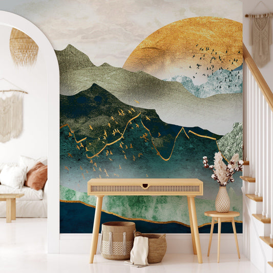 Illustration Green Mountain By Sunset Wall Mural 