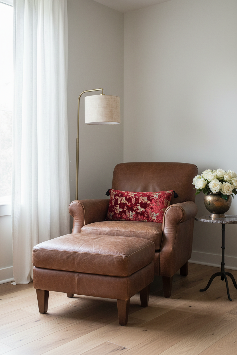 A brown leather armchair with matching ottoman in a bright, modern room, styled with a red floral accent pillow, a floor lamp, and a side table with white roses.