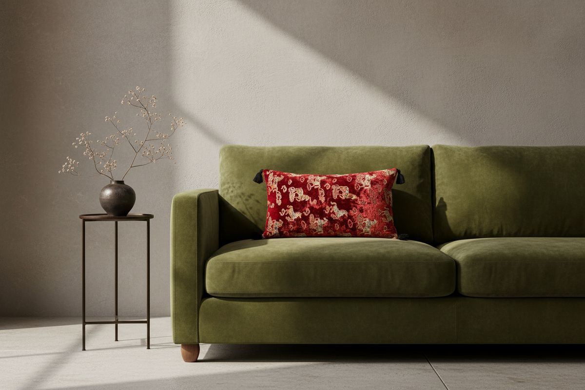 An olive green velvet sofa in a minimalist room setting, featuring a red floral throw pillow and a small side table with a vase of dried branches against a textured gray wall.