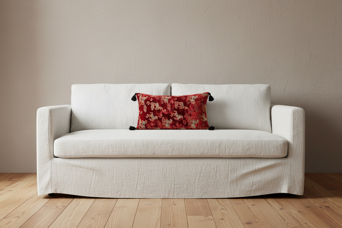 A white slipcovered loveseat sofa with a red floral throw pillow, set against a beige textured wall and light wood flooring.