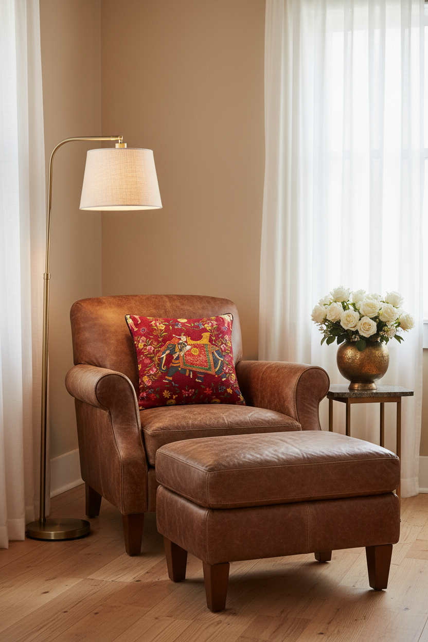 A white wooden armchair with woven cane detailing and beige cushions, styled in a bright room with sheer white curtains, a patterned red throw pillow, a gold floor lamp, and a decorative side table.