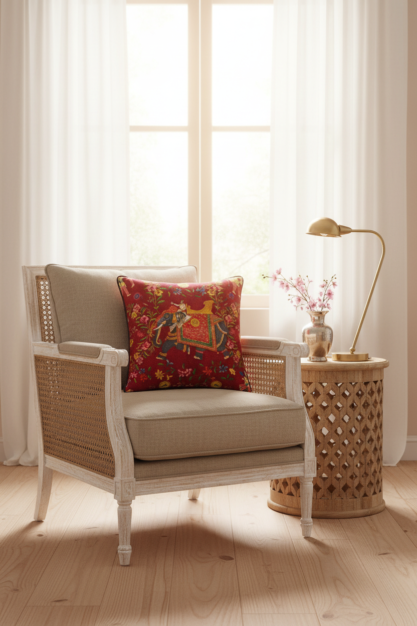 A white wooden armchair with woven cane detailing and beige cushions, styled in a bright room with sheer white curtains, a patterned red throw pillow, a gold floor lamp, and a decorative side table.