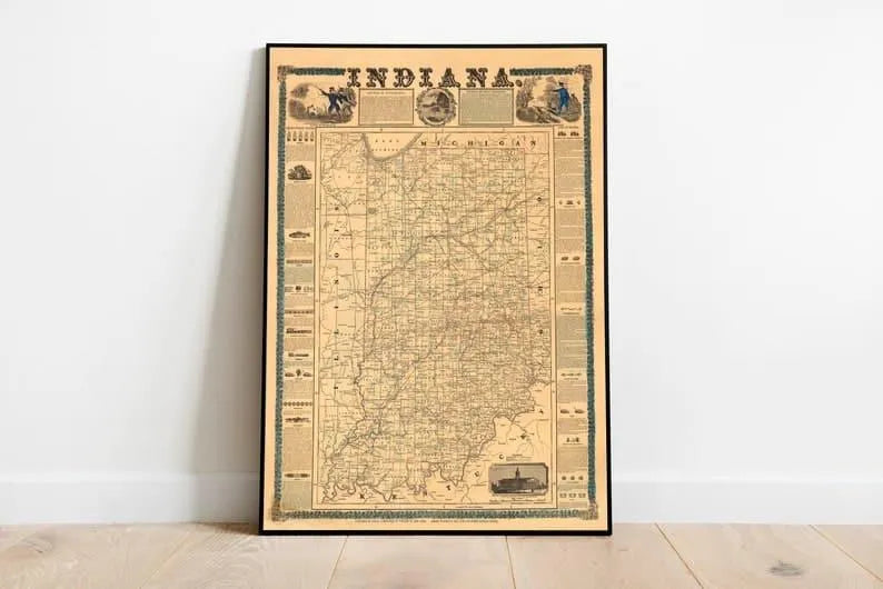 Indiana Map Wall Print| 1853 Indiana Map