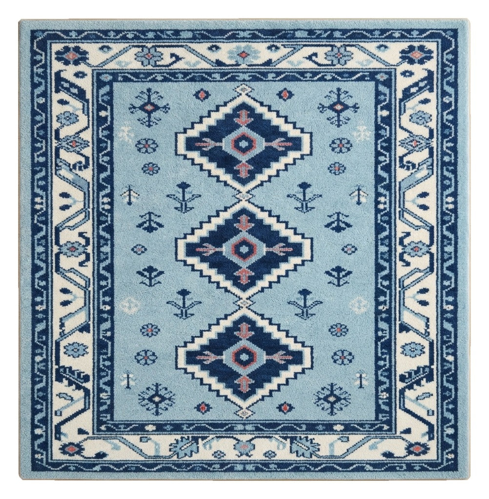 Indigo Kazak Trio Square Hand Tufted Rug — blue, navy, cream tribal rug by Maia Homes on a white background