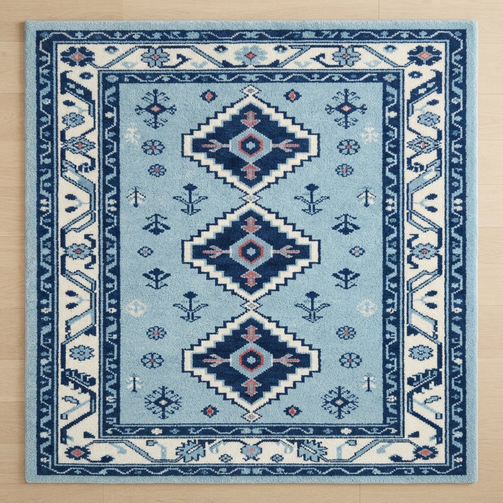 Indigo Kazak Trio Square Hand Tufted Rug — blue, navy, cream tribal rug by Maia Homes