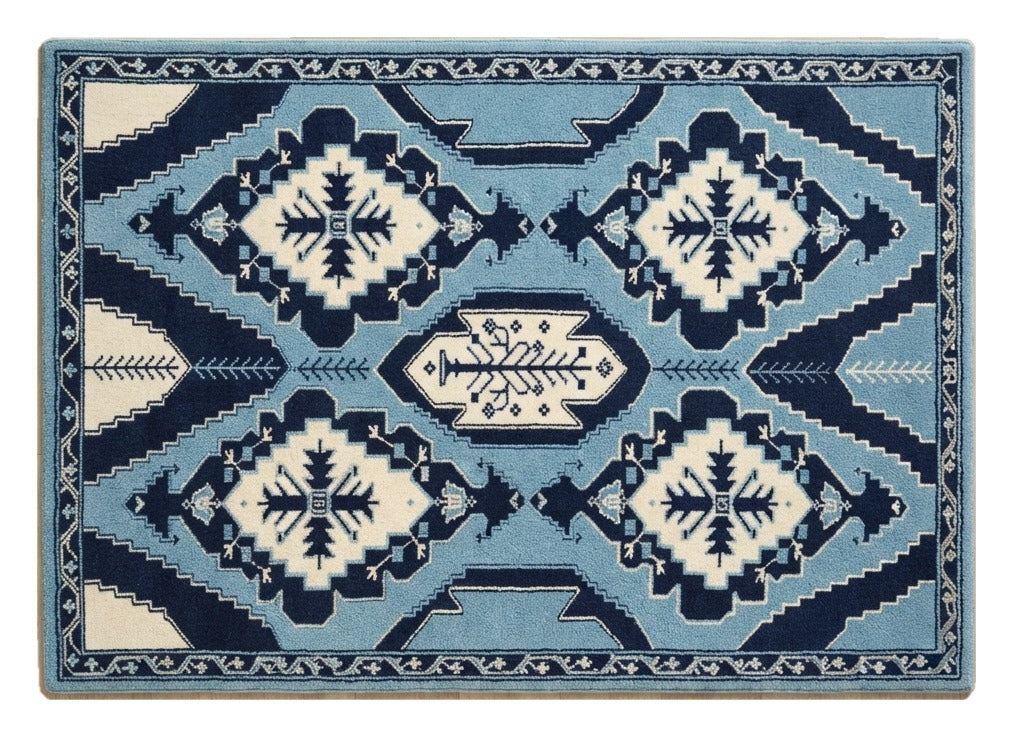 Indigo Totem Kilim Hand Tufted Rug shown flat on a white background