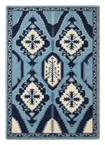 Indigo Totem Kilim Hand Tufted Rug — navy, light blue, cream tribal rug by Maia Homes on a white background