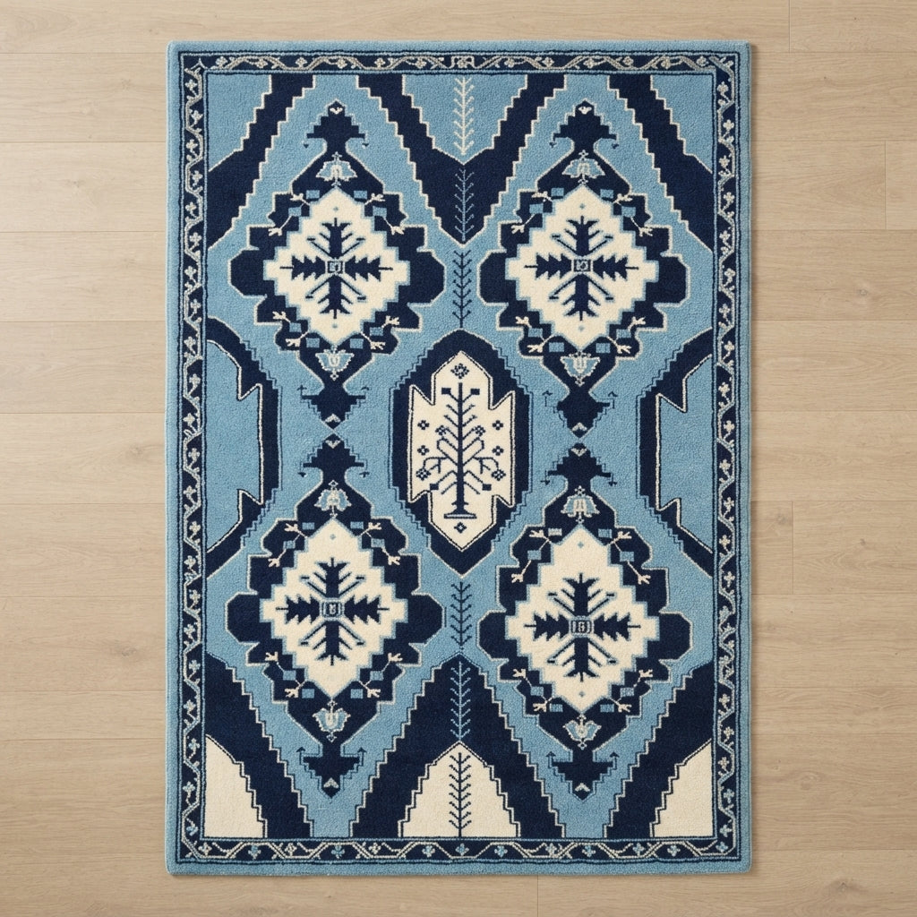 Indigo Totem Kilim Hand Tufted Rug — navy, light blue, cream tribal rug by Maia Homes