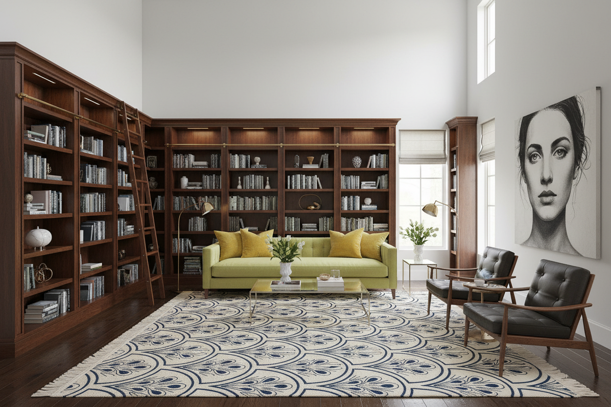Modern living room with bookshelves, a green sofa, and decorative elements.