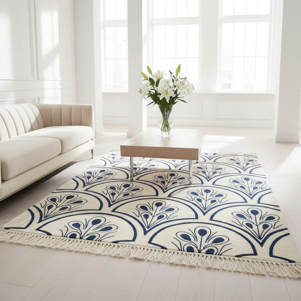 Living room with a patterned rug, sofa, and coffee table.