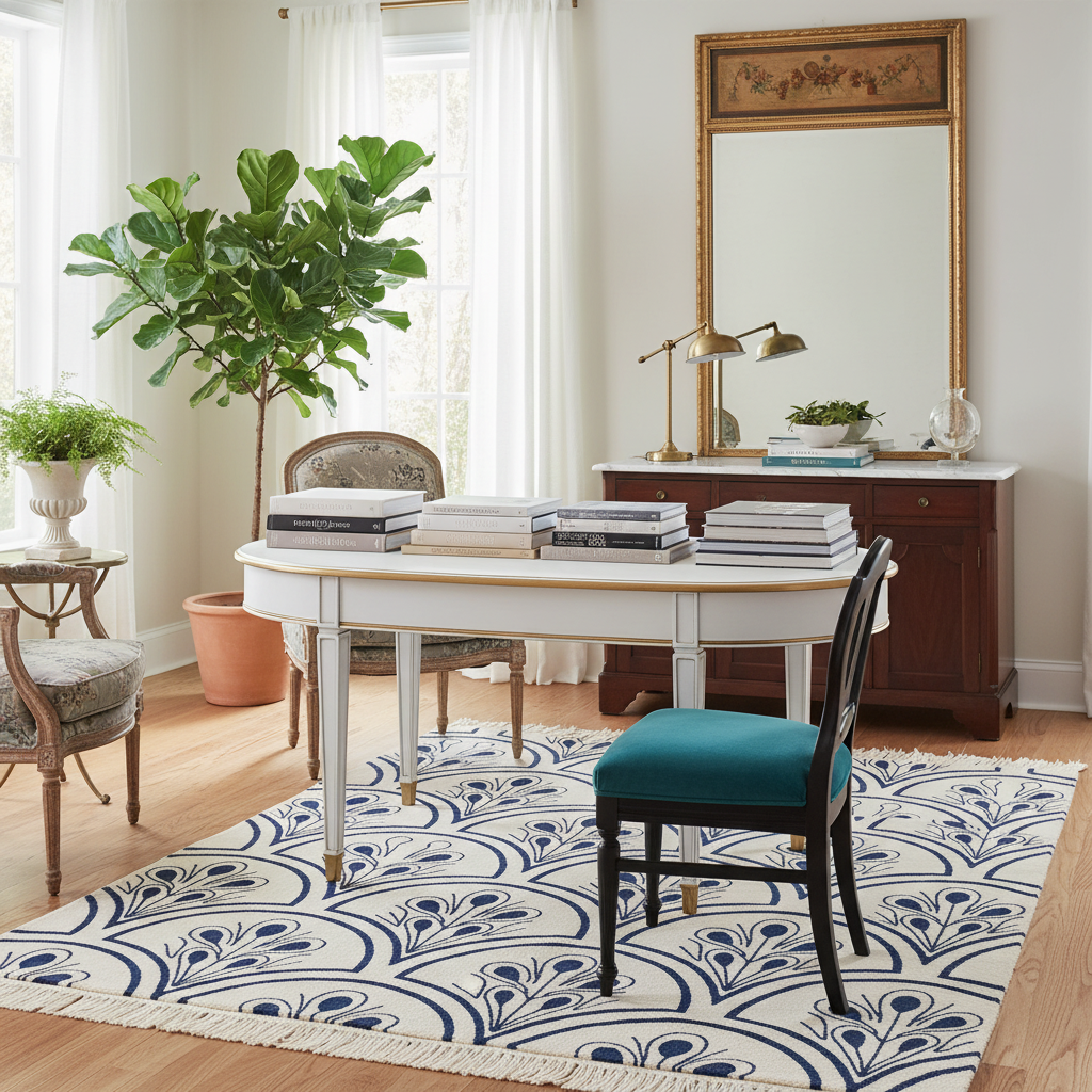 Dining room with a white table, art deco rug, chairs, and decorative elements.