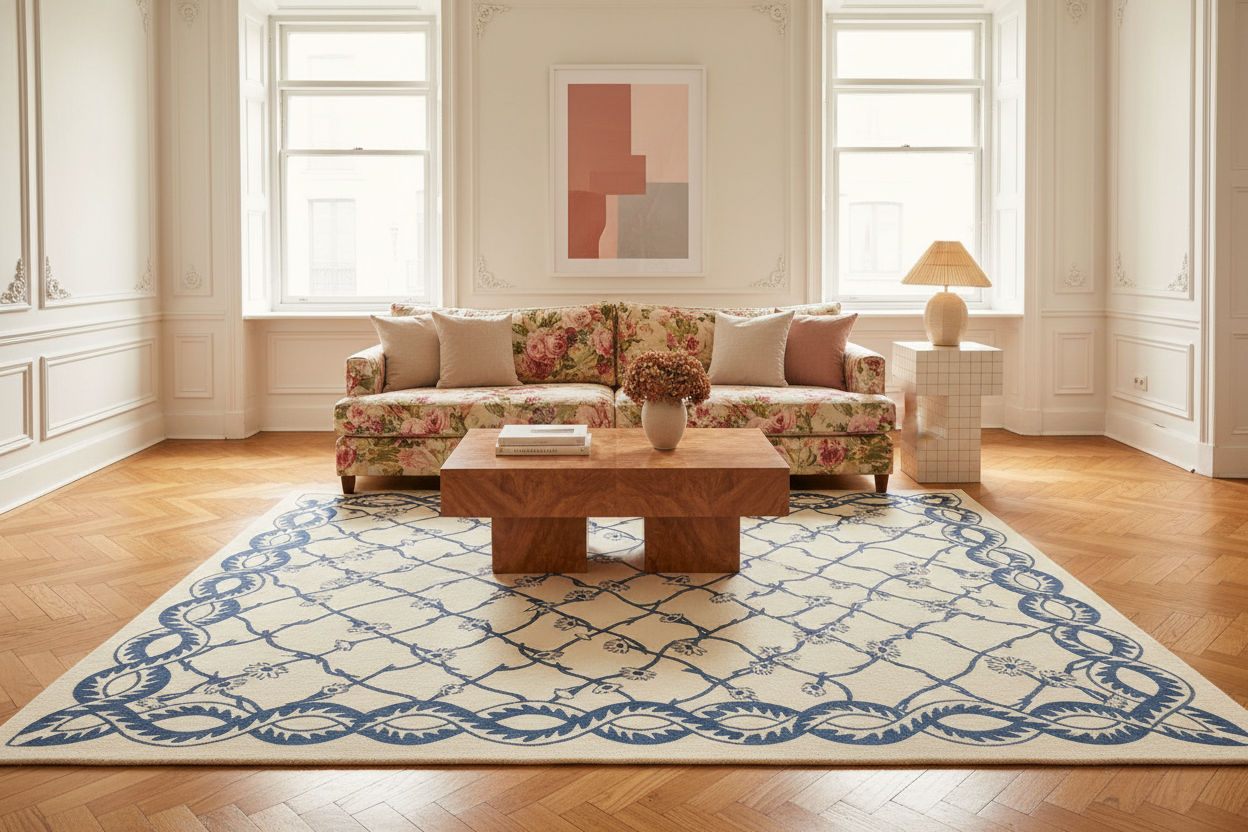 Indigo Vines Cream Garden Hand Tufted Wool Rug