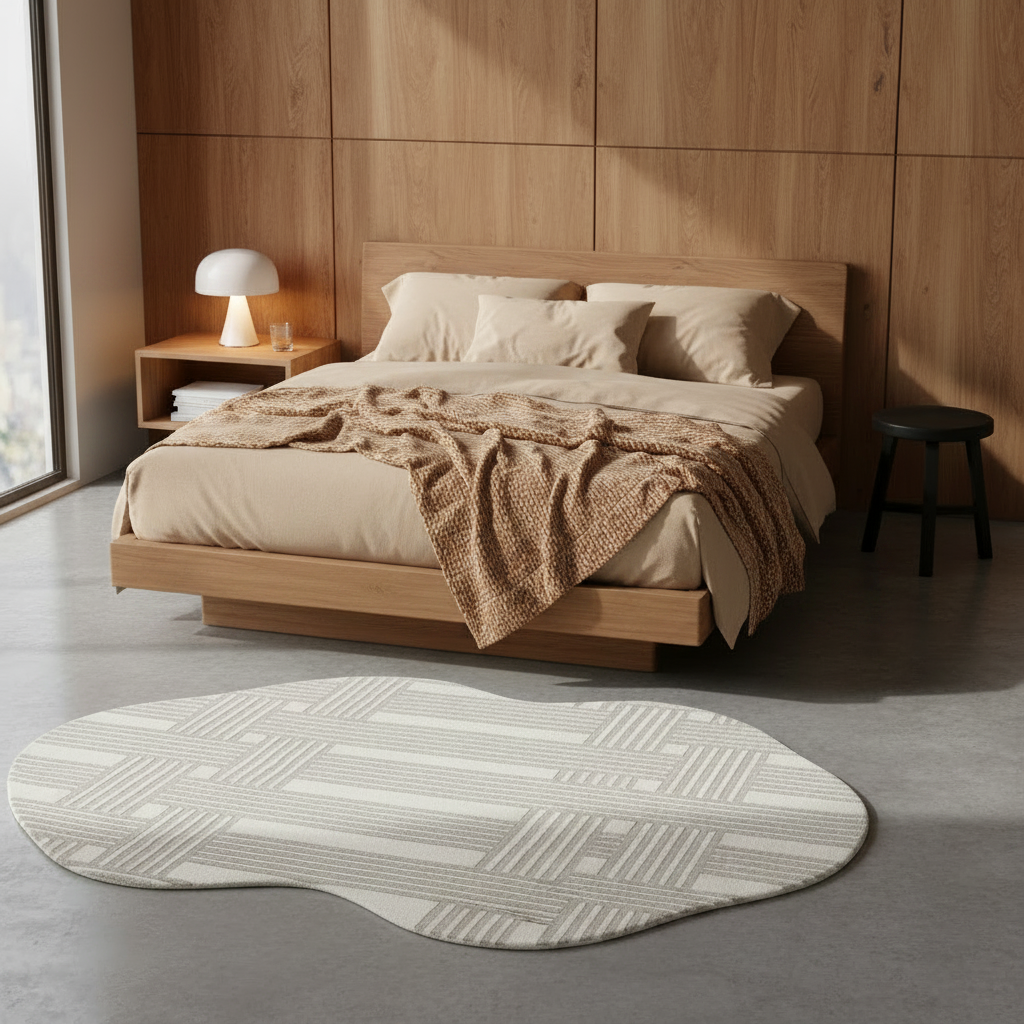 Modern bedroom with wooden bed, nightstand, and organic rug.