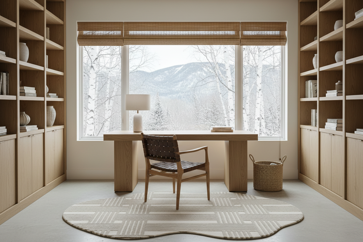 Modern home office with contemporary rug, wooden furniture and large windows showing a snowy landscape.