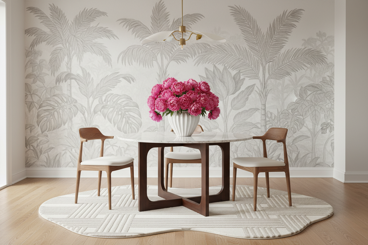 Dining room with a table and chairs, floral arrangement, patterned rug, and patterned wallpaper.