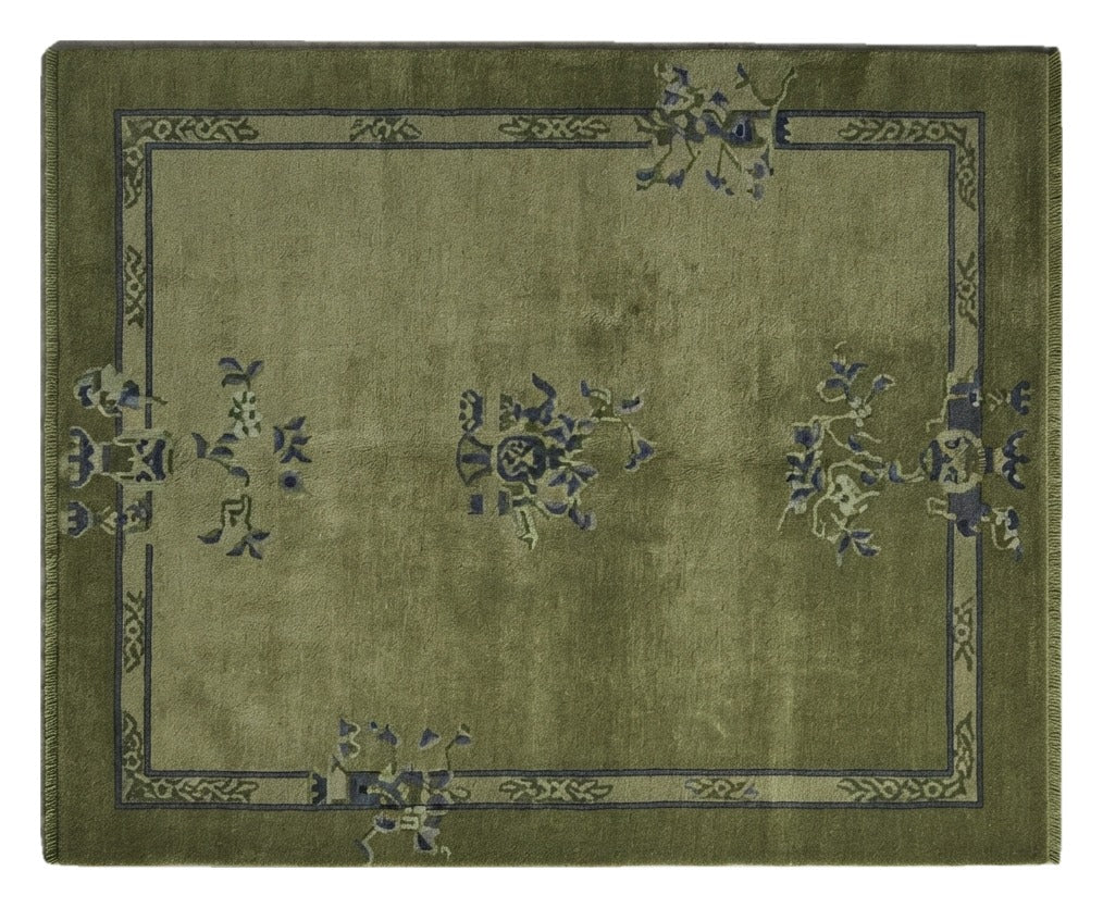 Jade Scholar's Garden Hand Knotted Silk Rug shown flat on a white background