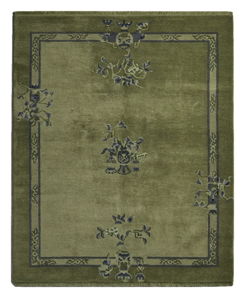 Jade Scholar's Garden Hand Knotted Silk Rug — olive, green, navy chinoiserie rug by Maia Homes on a white background