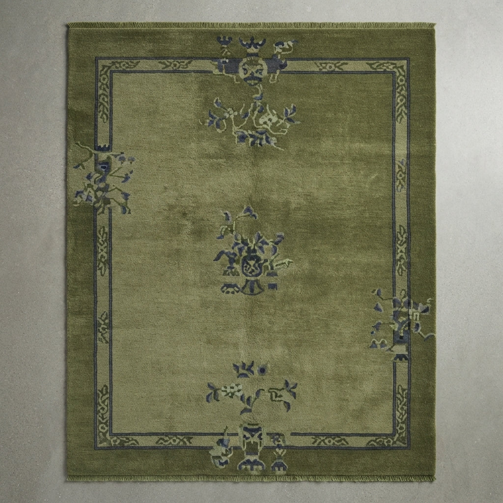 Jade Scholar's Garden Hand Knotted Silk Rug — olive, green, navy chinoiserie rug by Maia Homes