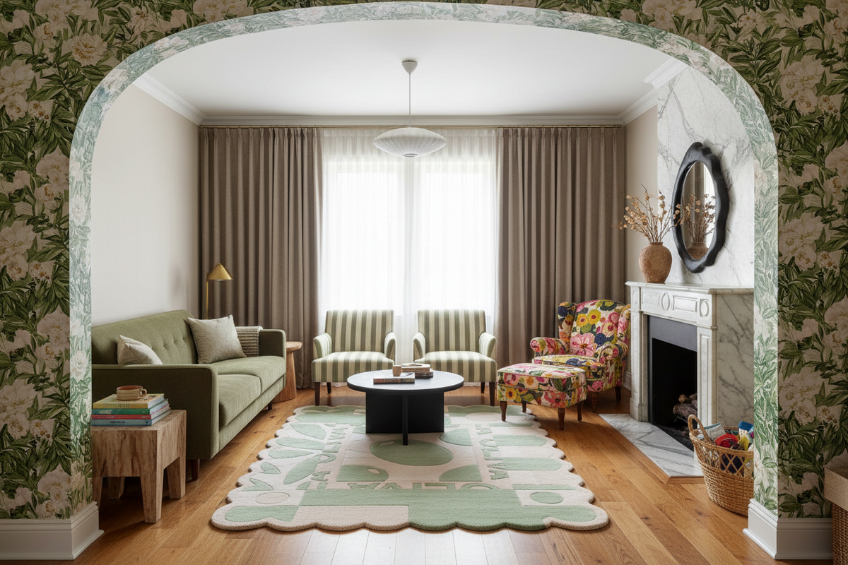 living room with scallop rug