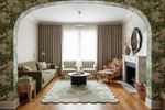 living room with scallop rug