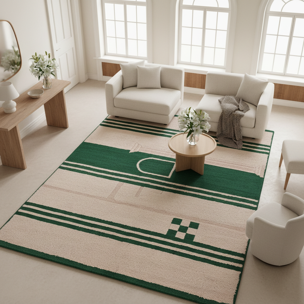Living room with a green and beige rug, white sofa, and wooden coffee table.