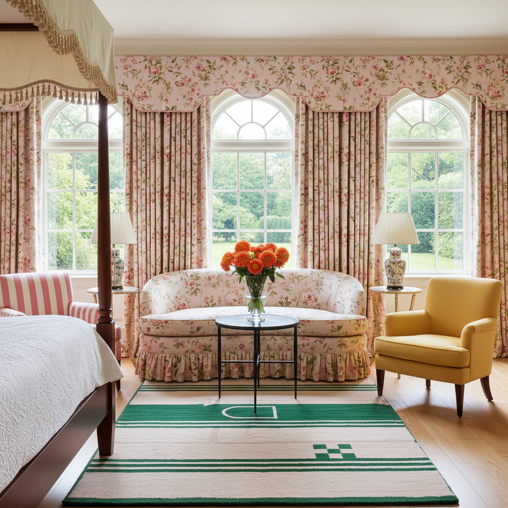 Decorative living room with floral wallpaper, furniture, and a transitional green rug.