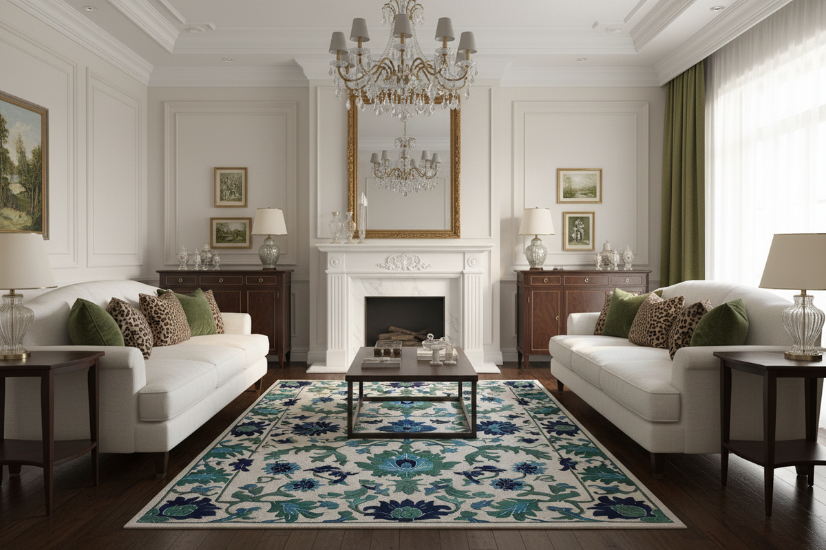 Luxurious living room with white sofas, a floral rug, and decorative elements.