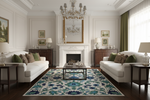 Luxurious living room with white sofas, a floral rug, and decorative elements.
