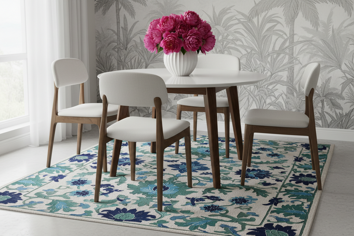 Dining room with a round table and chairs on a floral rug, featuring pink flowers in the center.