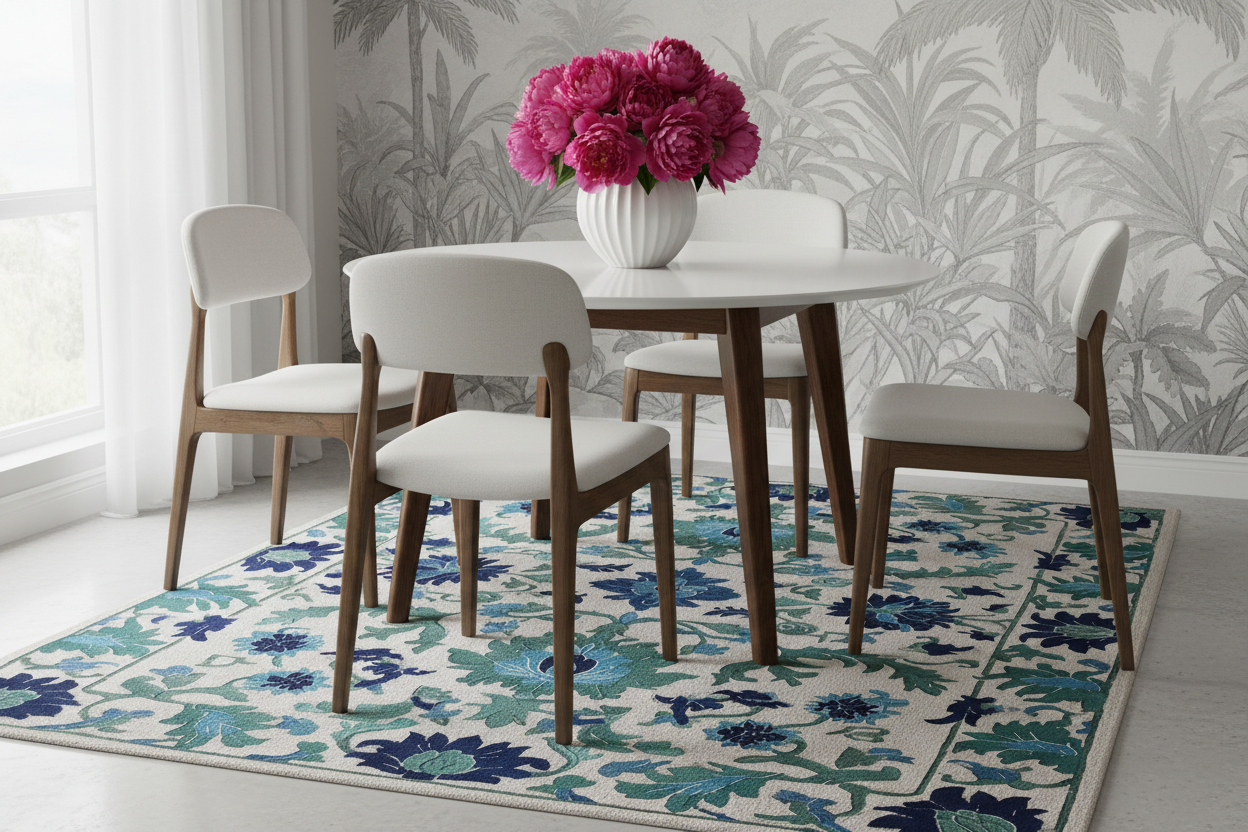 Dining room with a round table and chairs on a floral rug, featuring pink flowers in the center.