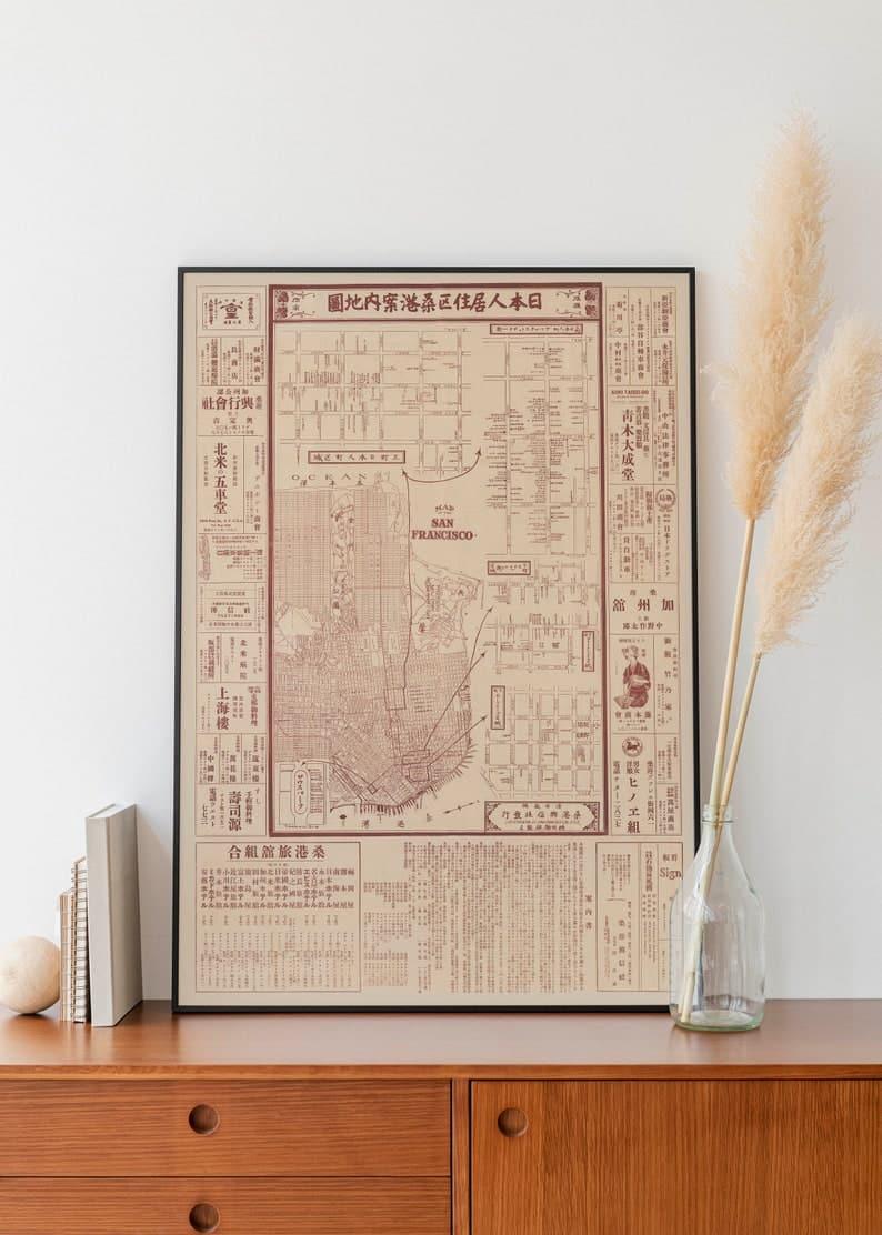 Japanese Language Map of San Francisco 1930| Old Map Wall Decor Japanese Language Map of San Francisco 1930| Old Map Wall Decor 