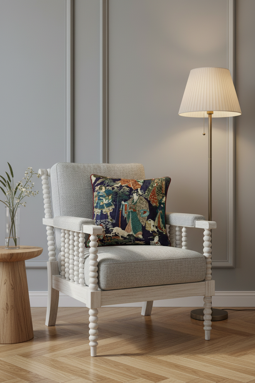 A white wooden armchair with a light beige upholstered seat and back, styled with a dark patterned accent pillow. The chair is set in a modern living room corner with a wooden floor, a floor lamp, and a small wooden side table.