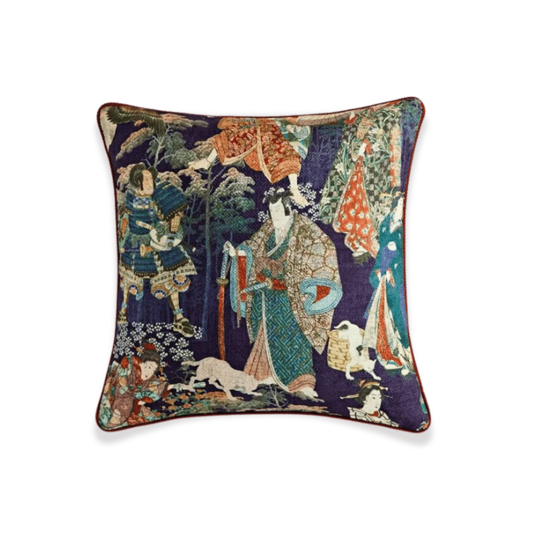 A throw pillow cover featuring a captivating Japanese Ukiyoe-inspired design. The design is reminiscent of traditional Japanese woodblock prints, depicting scenes of nature, folklore, or daily life. The intricate details and vibrant colors evoke a sense of elegance and cultural richness, making it a unique addition to any home decor.