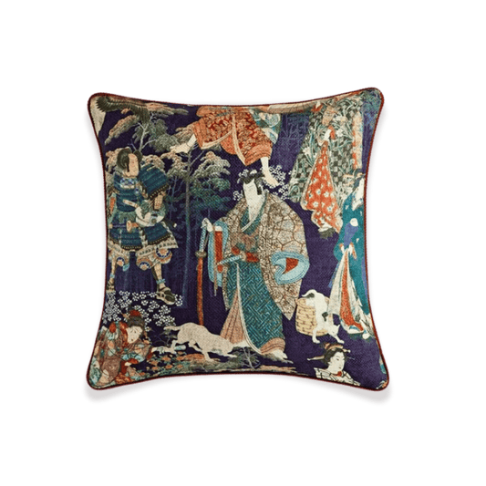 A throw pillow cover featuring a captivating Japanese Ukiyoe-inspired design. The design is reminiscent of traditional Japanese woodblock prints, depicting scenes of nature, folklore, or daily life. The intricate details and vibrant colors evoke a sense of elegance and cultural richness, making it a unique addition to any home decor.
