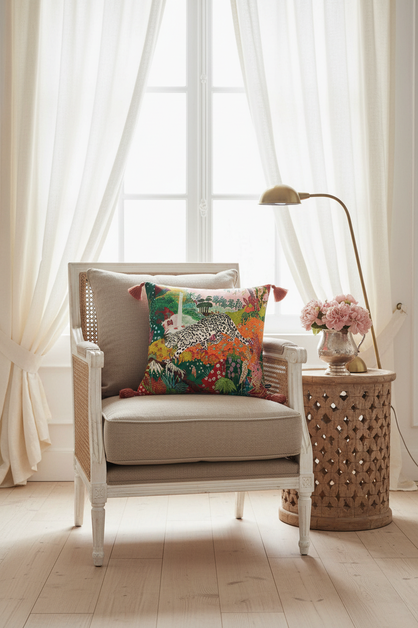 A styled interior scene with a white armchair in front of a window with sheer curtains. The chair has a beige cushion and a colorful floral throw pillow featuring a leopard print. A wooden side table with a brass floor lamp and a vase of pink flowers sits to the right on a light wood floor.