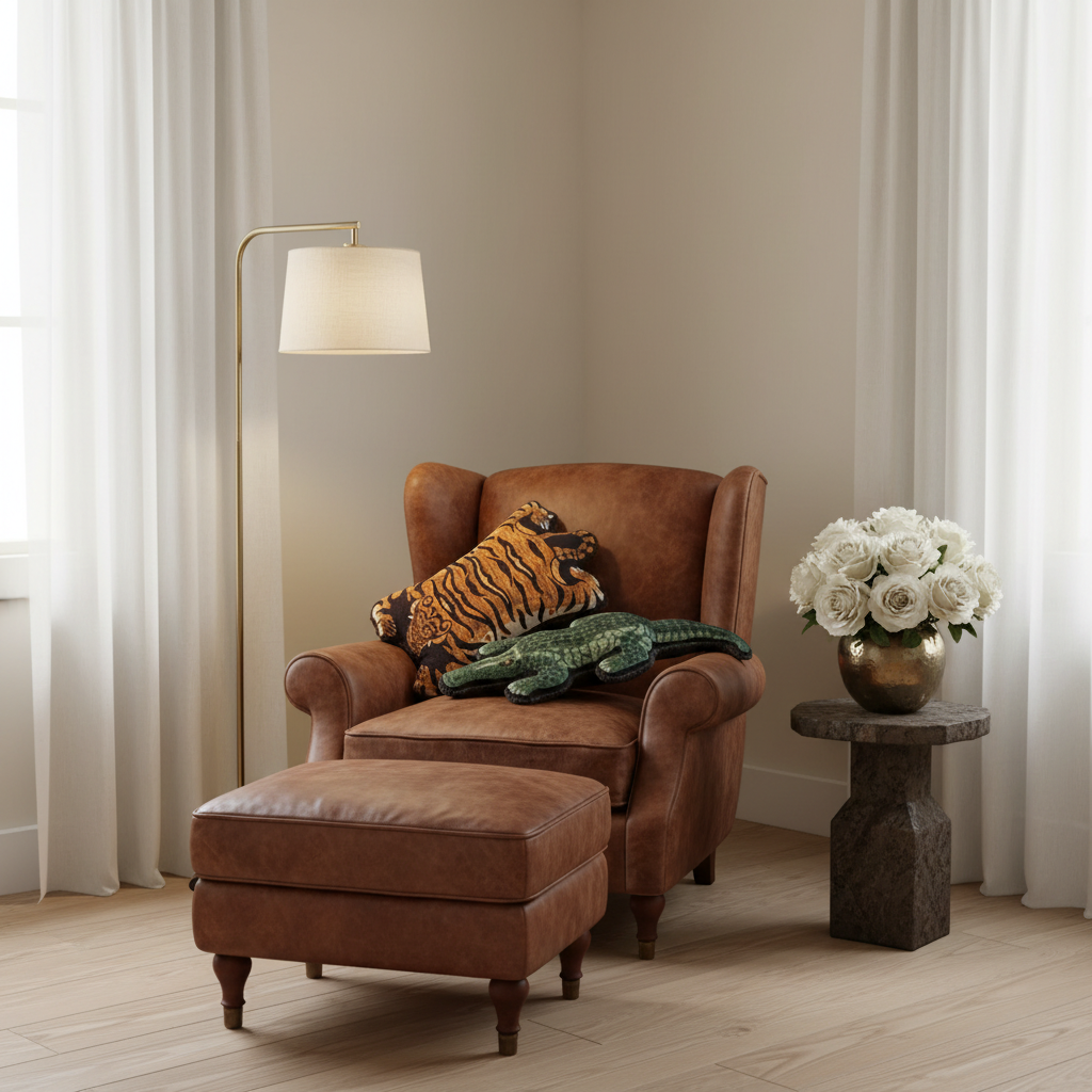 An olive green velvet sofa in a styled room setting, featuring a tiger-patterned throw pillow and a green crocodile plush toy. A black cylindrical side table with a matching vase holding dried branches stands to the left against a beige wall with soft diagonal shadows.