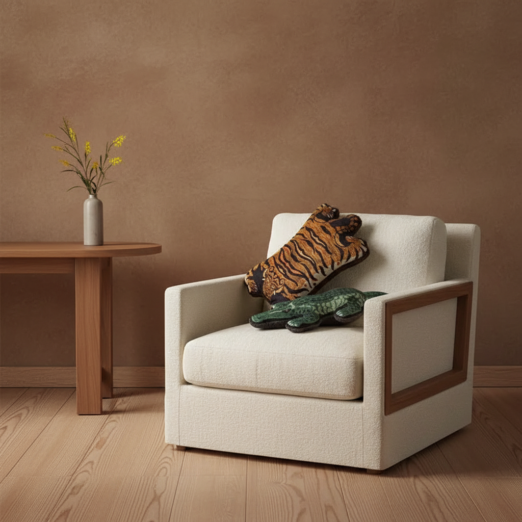 A modern cream upholstered accent chair with a brown wooden frame, styled with a tiger-print pillow and a green plush toy, set in a warm, minimalist room with a wooden side table and textured brown wall.