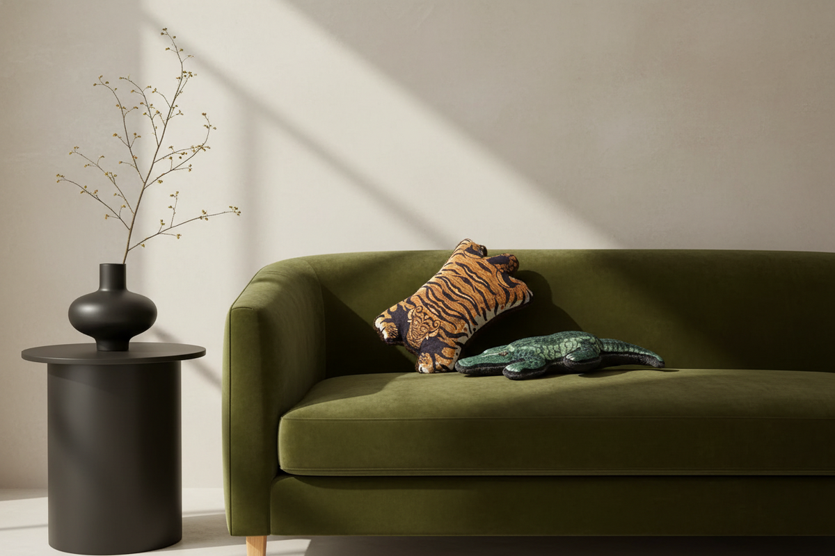 An olive green velvet sofa in a styled room setting, featuring a tiger-patterned throw pillow and a green crocodile plush toy. A black cylindrical side table with a matching vase holding dried branches stands to the left against a beige wall with soft diagonal shadows.