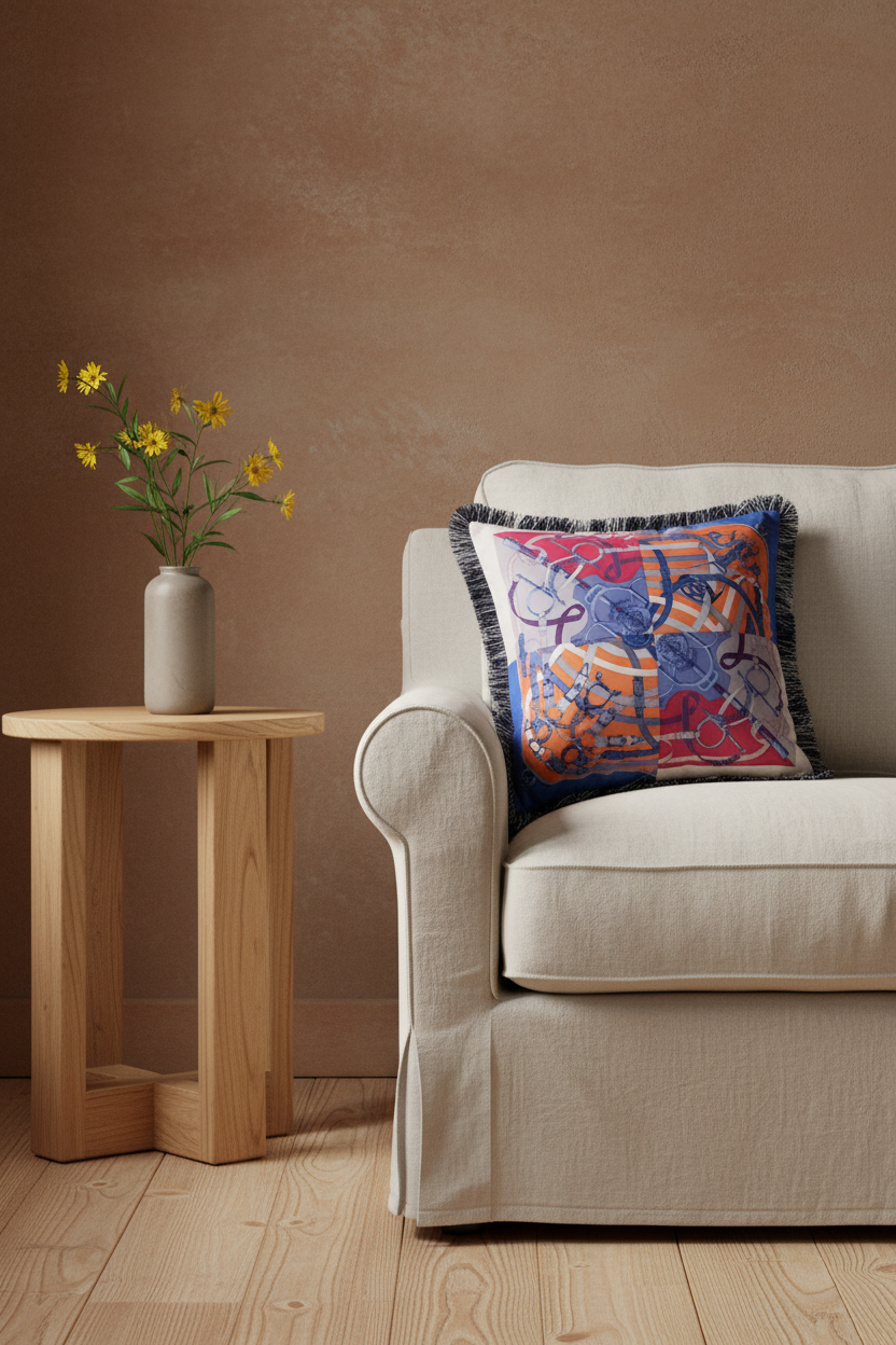 A cream-colored fabric slipcovered sofa in a minimalist room, featuring a square decorative throw pillow with a colorful, artistic tiger print and dark fringe.