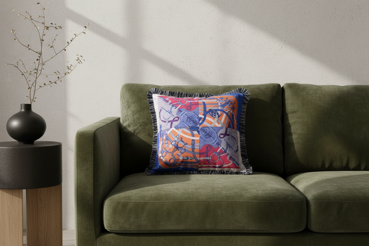 A cream-colored fabric slipcovered sofa with a colorful square throw pillow featuring a tiger illustration, set in a minimalist room with beige walls and light wood flooring.