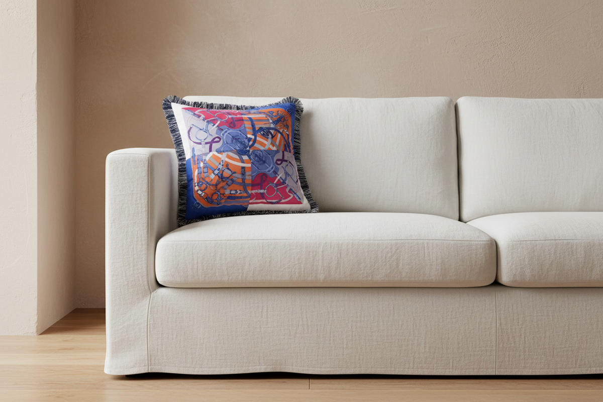 A cream-colored fabric slipcovered sofa in a minimalist room, featuring a square decorative throw pillow with a colorful, artistic tiger print and dark fringe.