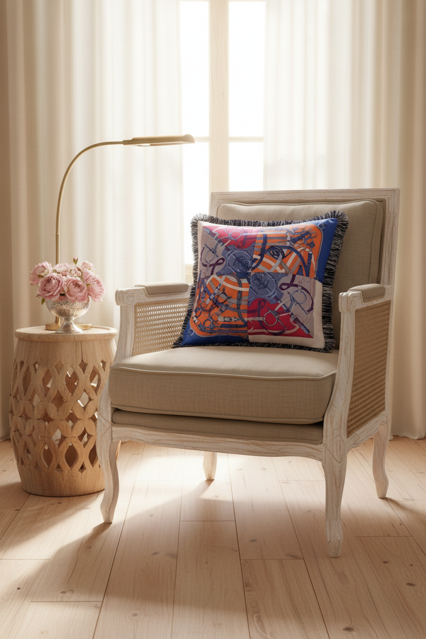 A cream-colored fabric slipcovered sofa in a minimalist room, featuring a square decorative throw pillow with a colorful, artistic tiger print and dark fringe.