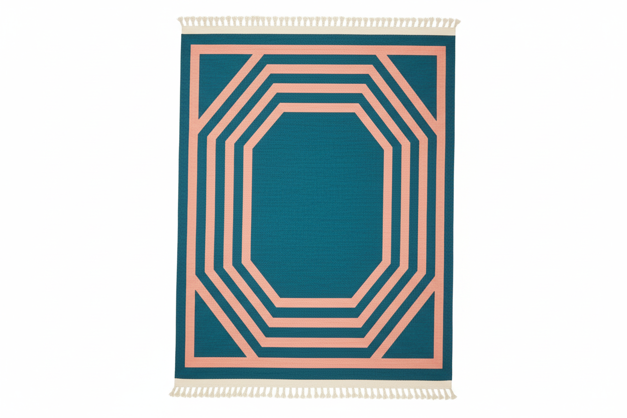 Teal rug with pink geometric pattern on a white background