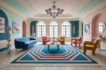 Modern living room with colorful decor, including a blue sofa and geometric rug.