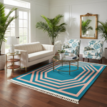 Living room with a blue and white geometric rug, beige sofa, and patterned chairs.