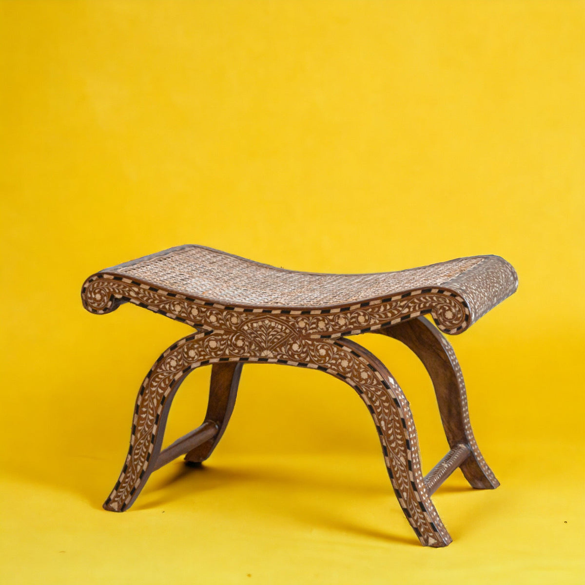 Kylian Teakwood & Bone Inlay Cane Bench – Natural