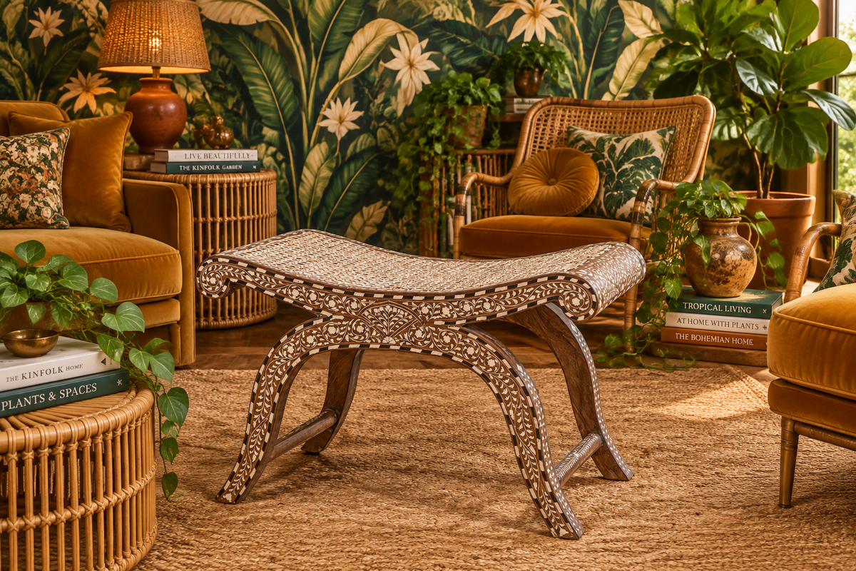 Kylian Teakwood & Bone Inlay Cane Bench – Natural