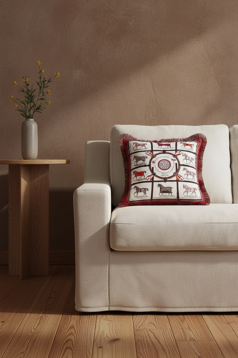 A cream slipcovered sofa in a warm, rustic room setting, featuring a decorative throw pillow with a red and white horse-themed pattern. A small wooden side table with a vase of yellow flowers sits to the left.