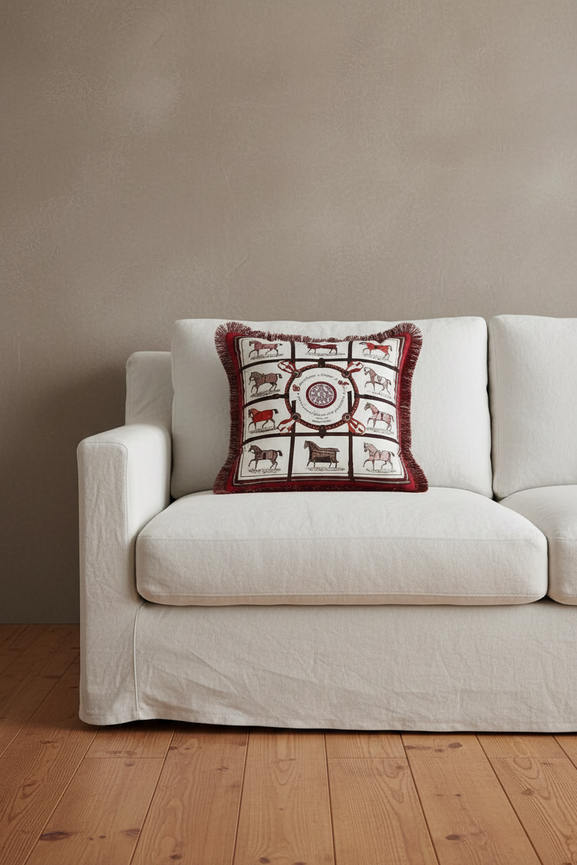 A square decorative throw pillow with a red and beige animal pattern, resting on a white slipcovered sofa in a room with a beige wall and wooden floor.