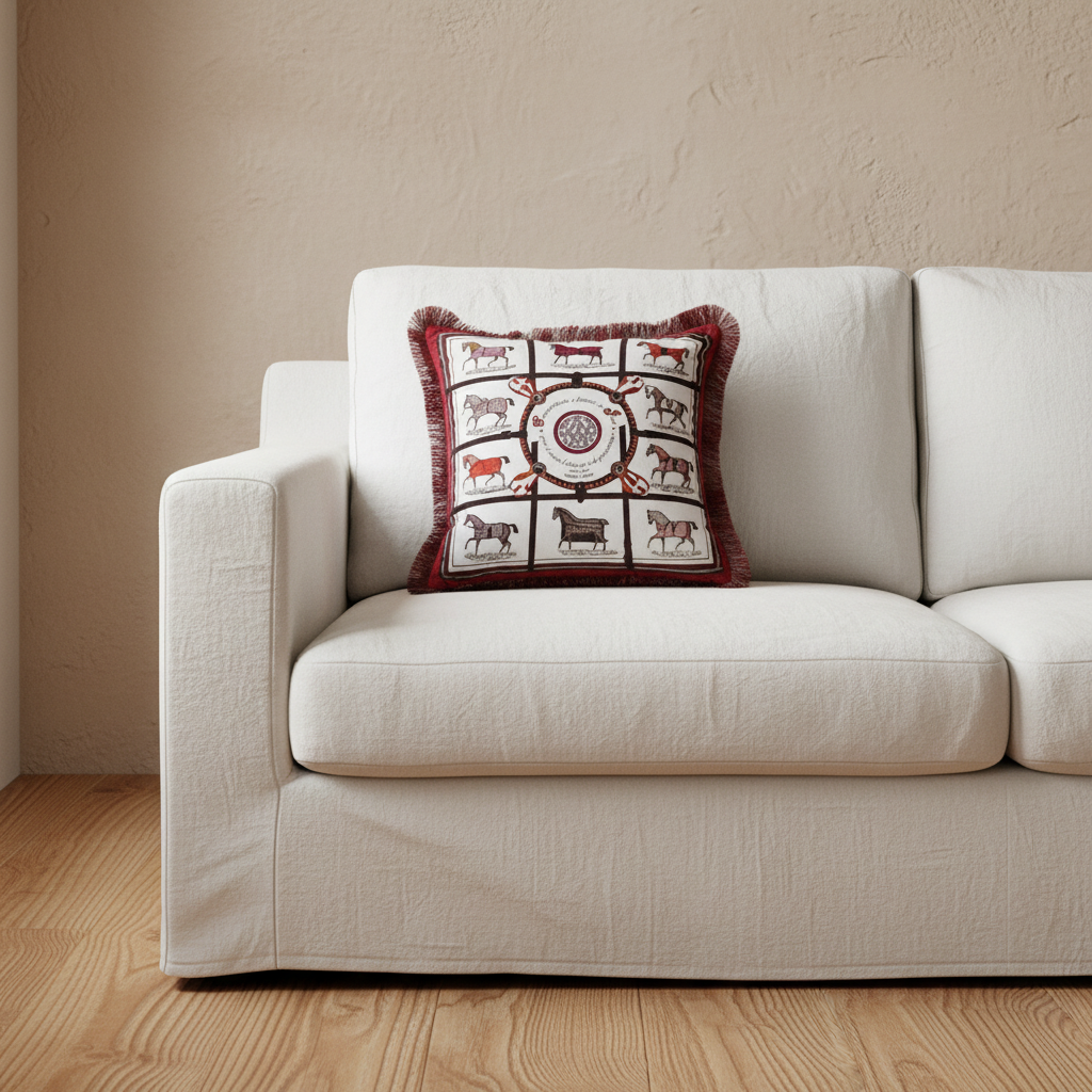 A cream slipcovered sofa in a warm, rustic room setting, featuring a decorative throw pillow with a red and white horse-themed pattern. A small wooden side table with a vase of yellow flowers sits to the left.